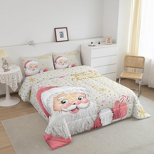 Miniatura 2 de Juego de edredón de Feliz Navidad, tamaño Queen, juego de ropa de cama de copos de nieve con purpurina dorada, juego de edredón de dibujos animados