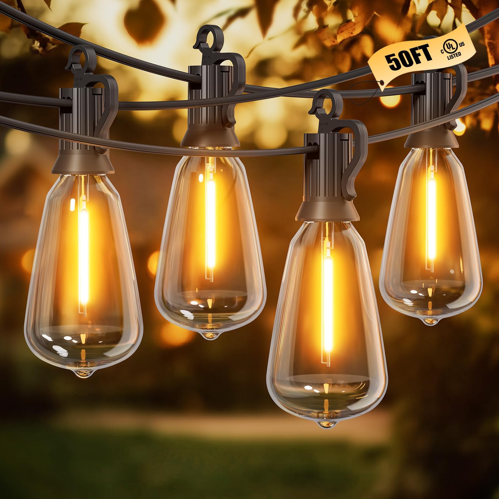100FT Outdoor String Lights - 32 Shatterproof Dimmable LED Bulbs, Waterproof Connectable