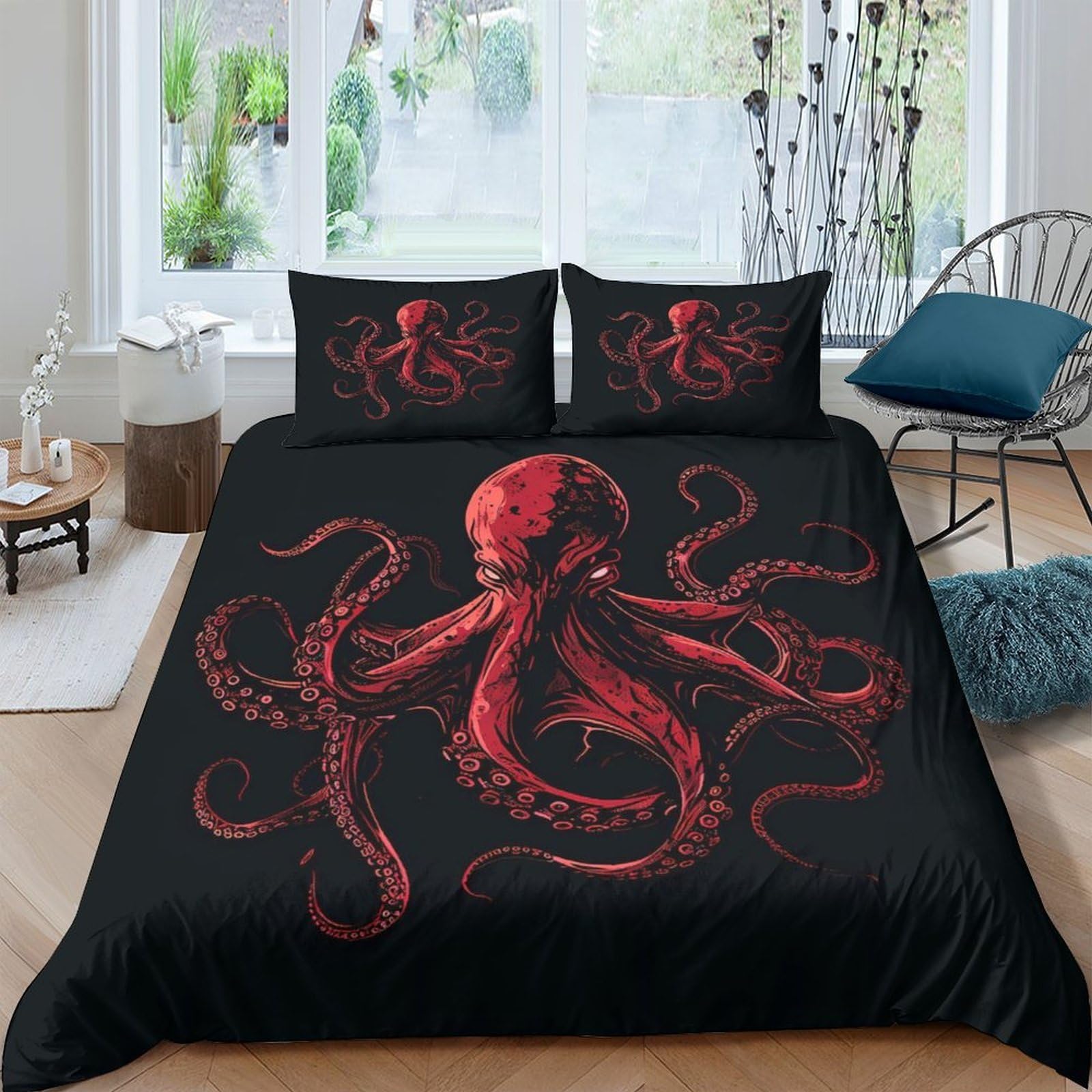 Ctjqhvkz Style-4 3D Printed Red Octopus Fitted Sheet Microfiber Soft Breathable Deep Sea Creature Bed Cover For Bedroom Guest Room Decor Single（135X200cm）