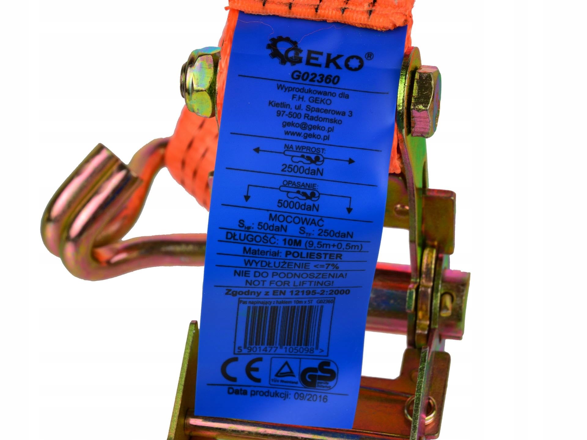 Geko g02360 Spanngurt mit Ratsche Gurt mit J Haken 10 m/5T/50, Mehrfarbig