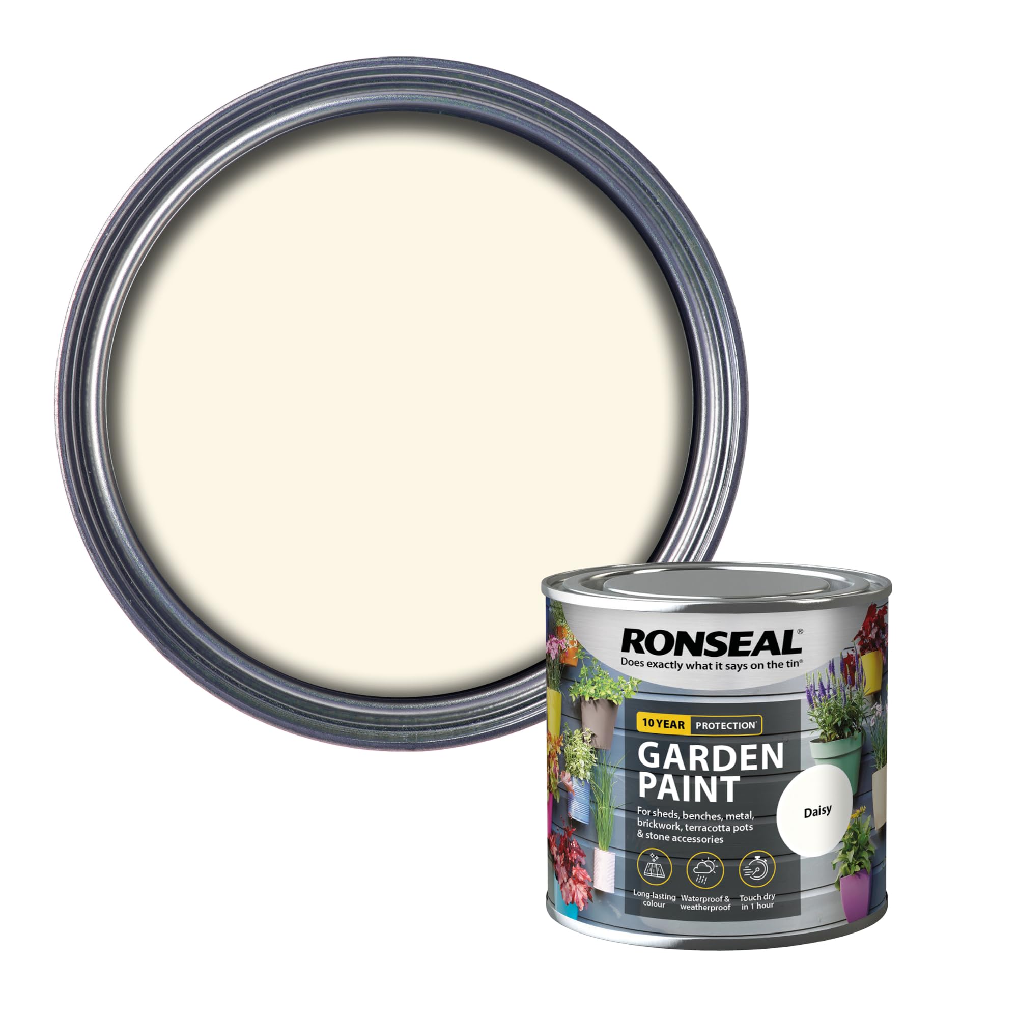 Ronseal Garden Paint Metal Wood Brick Stone Shed Furniture Pots 250ml - Daisy