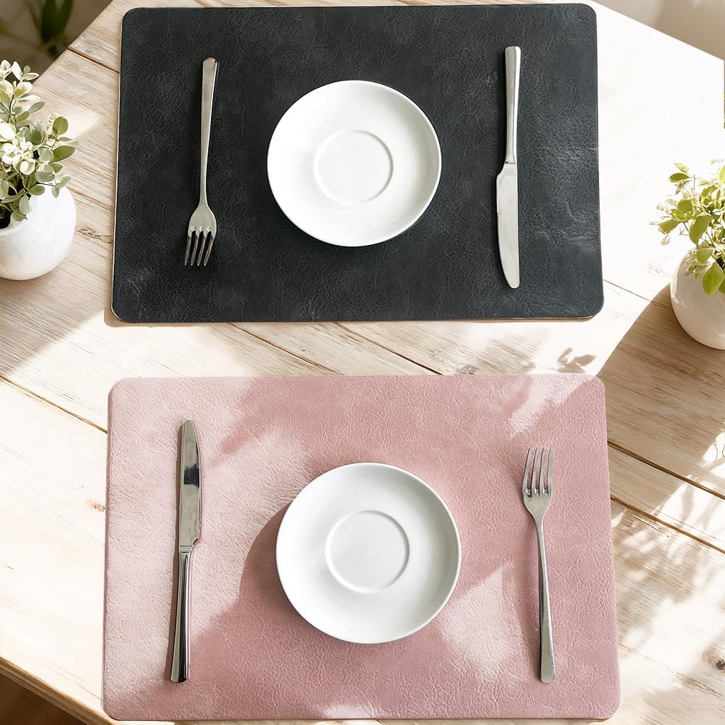 Placemats and Coaster Sets, Faux Leather Effect Place Mats for Table 6, Washable-Waterproof-Heat Resistant Dinner Table Mats, Dusty Placemats Set of 6, Dining Table Decoration Mats, Pale Pink & Grey