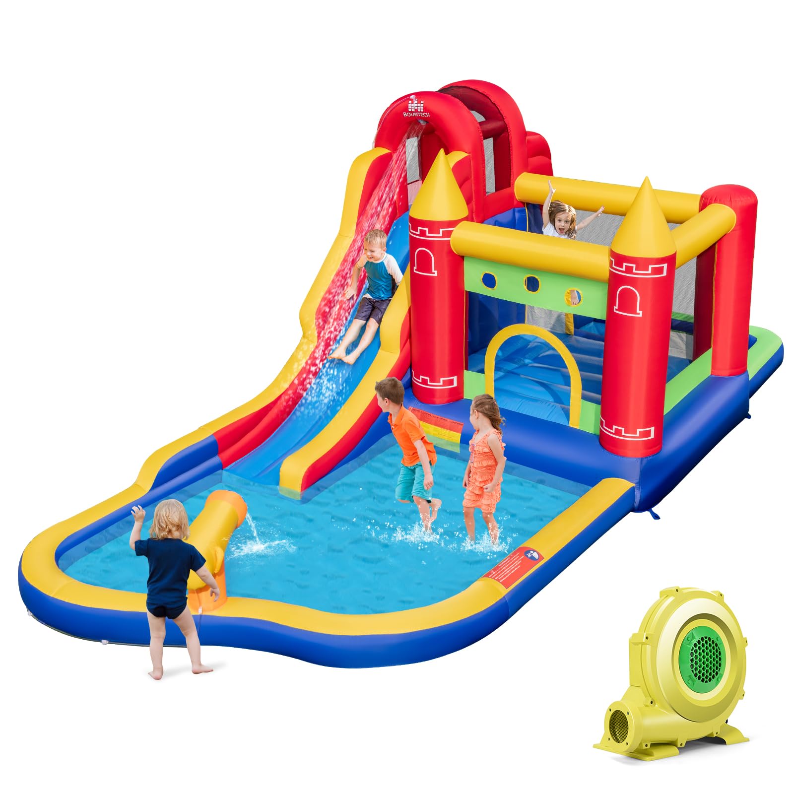 GOPLUS Castillo Hinchable Acuatico para Niños de 3-10 Años, Castillo Inflable con Tobogán Seco/Acuático, Canasta de Baloncesto, Pared de Escalada, Disco de Boxeo, Piscina Infantil, con Soplador