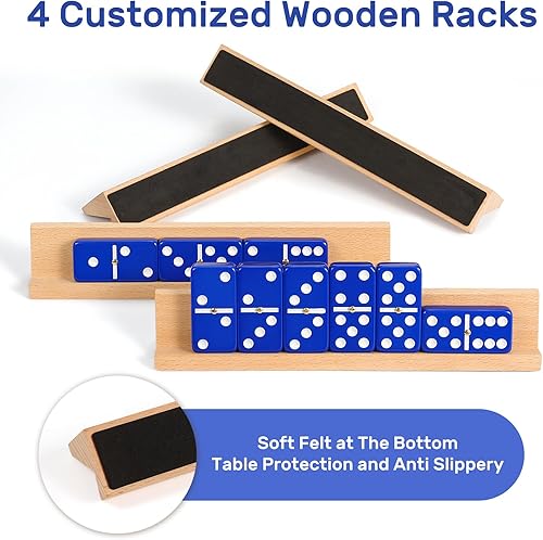 Miniatura 4 de Juego de dominó jumbo para adultos con 4 bastidores de madera/bandejas, juego de viaje de 6 dominó dobles con funda portátil, juego de dominó doble