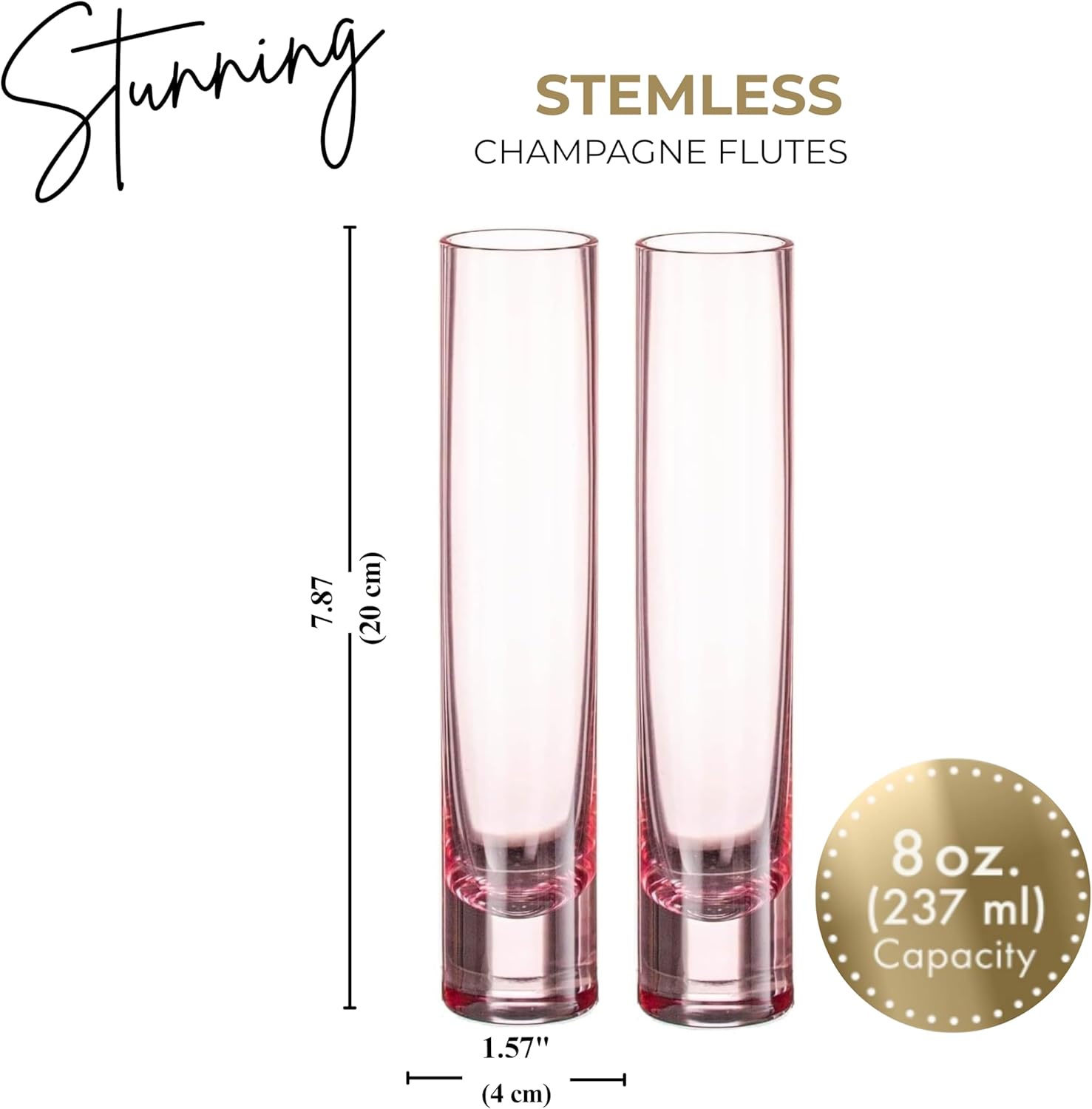 JUAN & JAN Translucent Pink Champagne Glasses with Beautiful Gift Box Set of 2 Modern Hand Blown Crystal Flute Pair 237ml Stemless Cocktail Sparkling Wine Drinking Mimosa Glasses for Easter, Party
