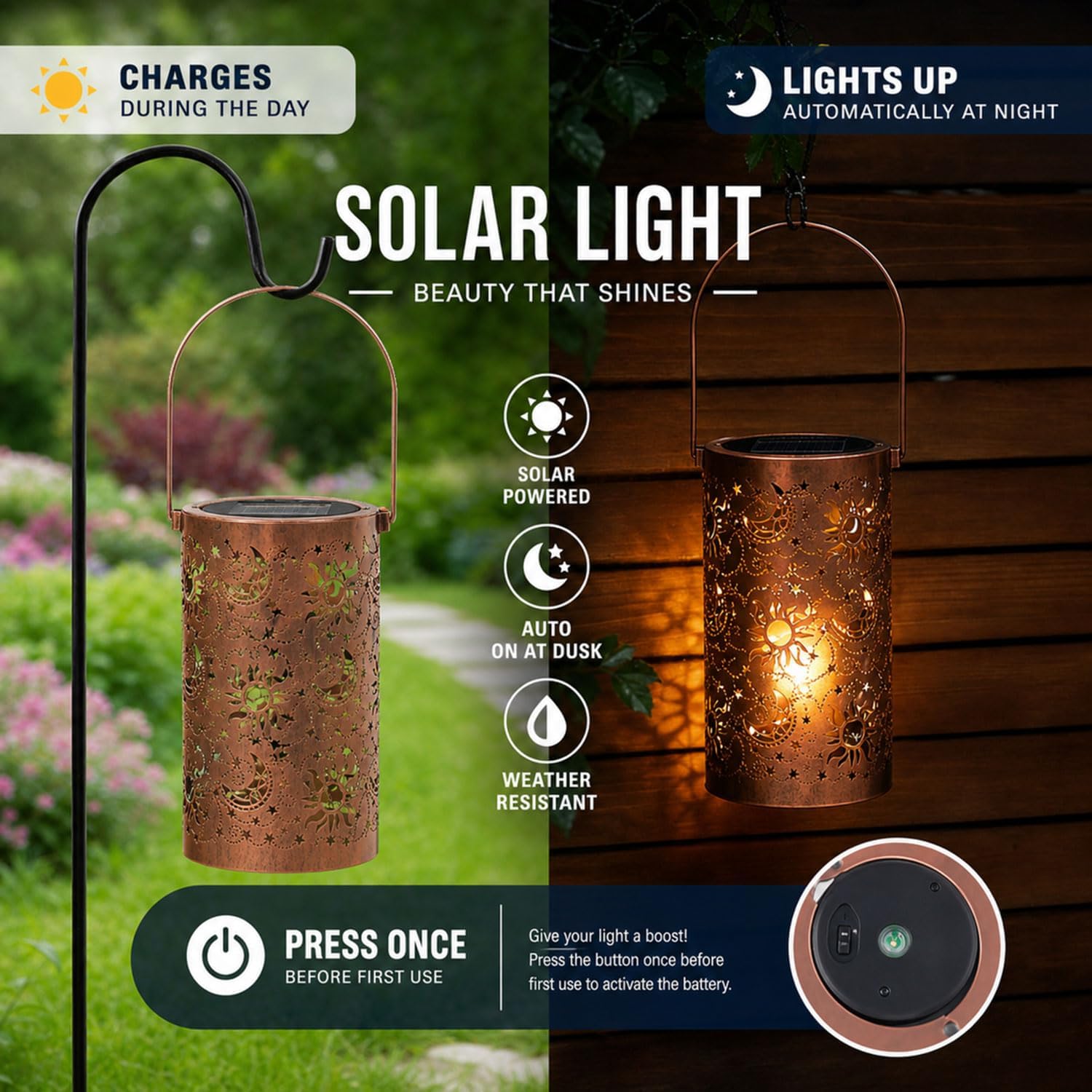 Solar Lantern Outdoor Waterproof with Sun Moon Stars Patterns, Garden Tangled Decor for Yard Patio Lawn Porch Backyard, Ramadan Light Unique Gifts for Women