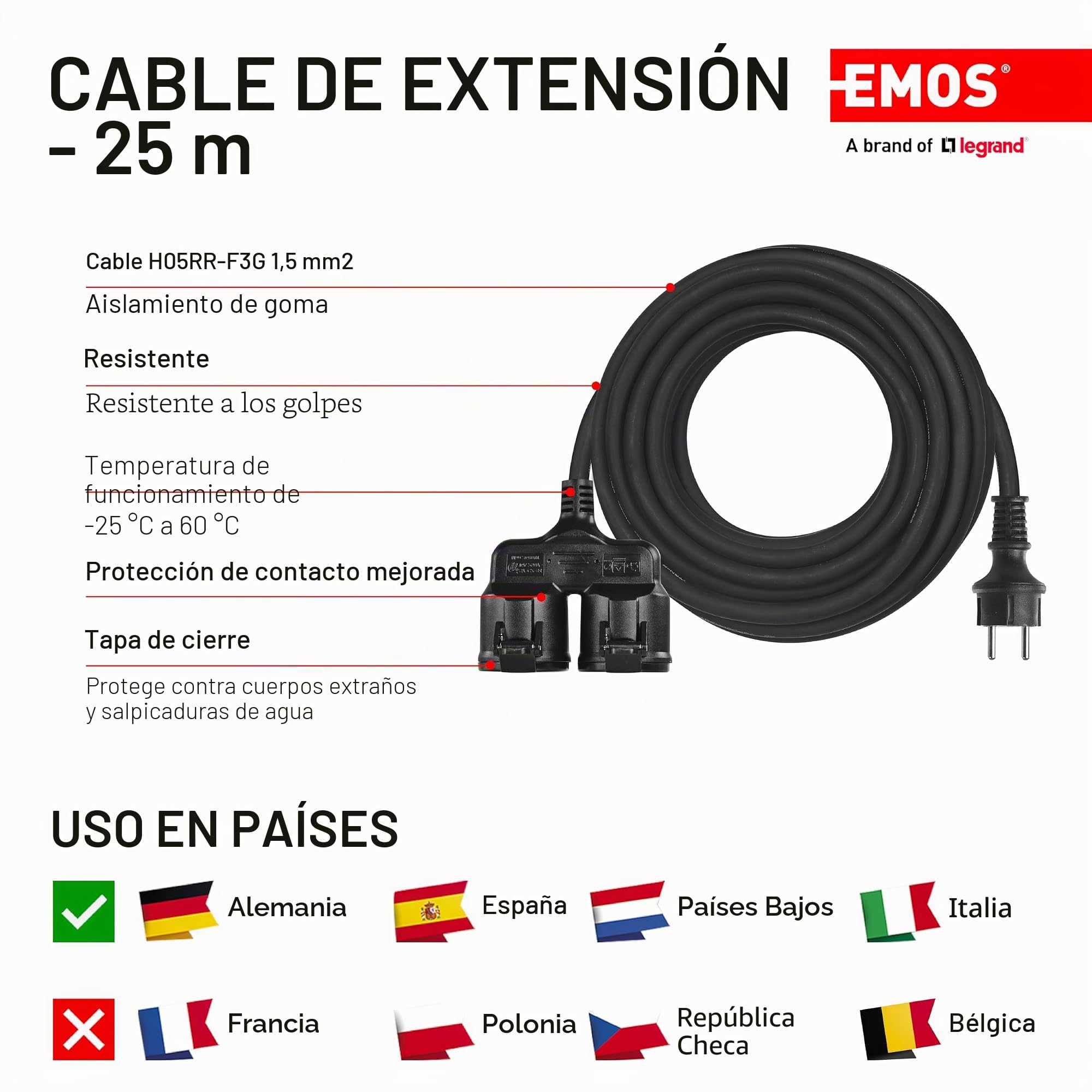 EMOS Cable alargador IP44 25 m, 2 Schuko, Resistente Agua, Golpes, frío, Calor, 230 V 16 A 3680 W, Goma H05RR-F3G 1.5 mm², Negro