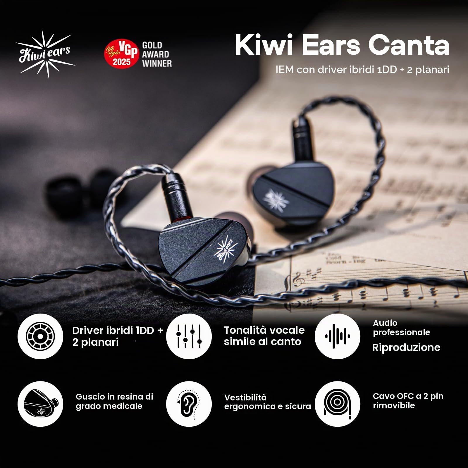 Linsoul Kiwi Ears Canta In-Ear Monitor, cuffie ibride 1DD+2Planar, cuffie da gioco, IEM con cavo HiFi, con cavo IEM staccabile per musicisti audiofili