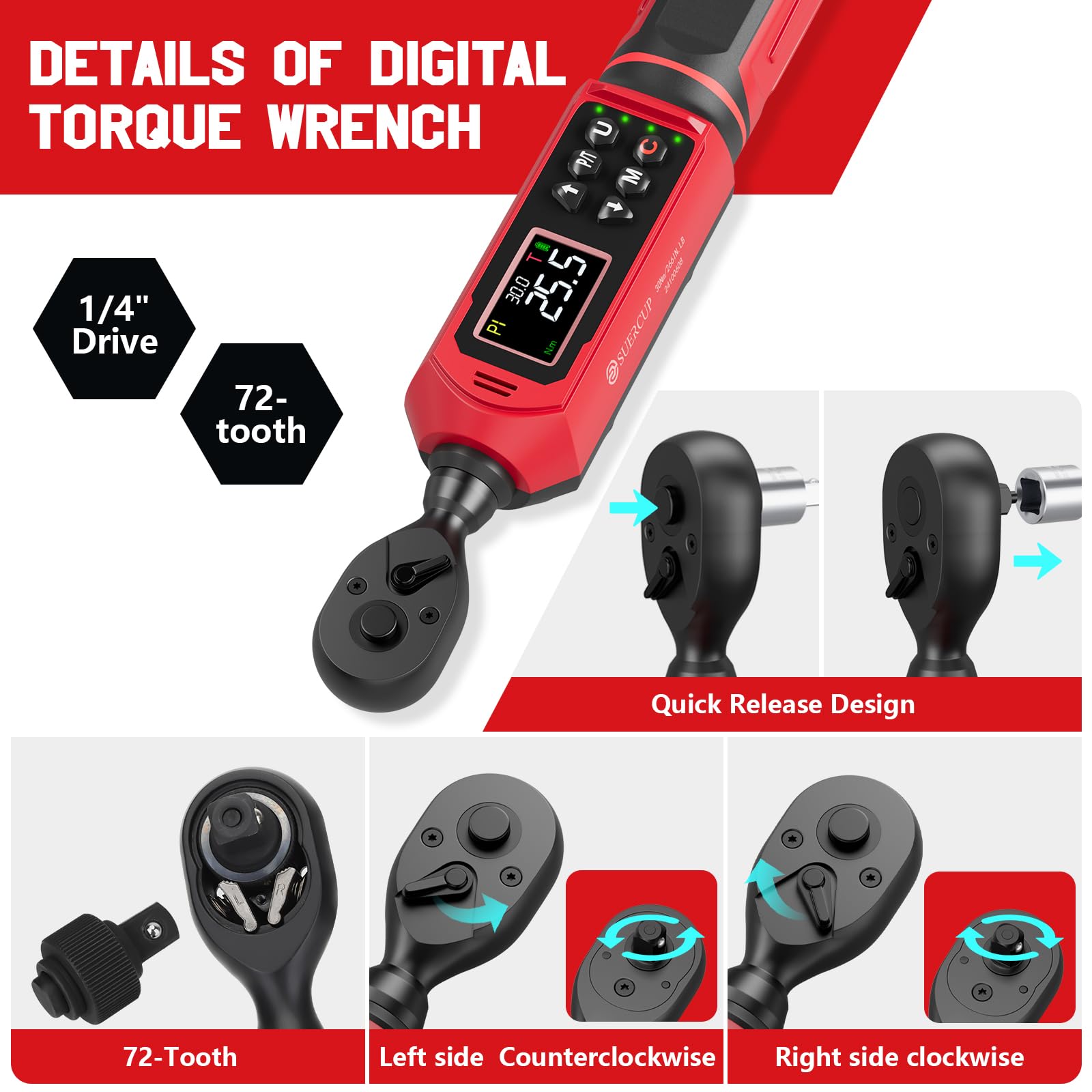 SUERCUP Llave dinamométrica digital de 1/4 pulgadas, 0,45-30 N.m, con vibración, zumbador, notificación LED y cinco unidades de medida, para bicicleta, bricolaje y repa en casa
