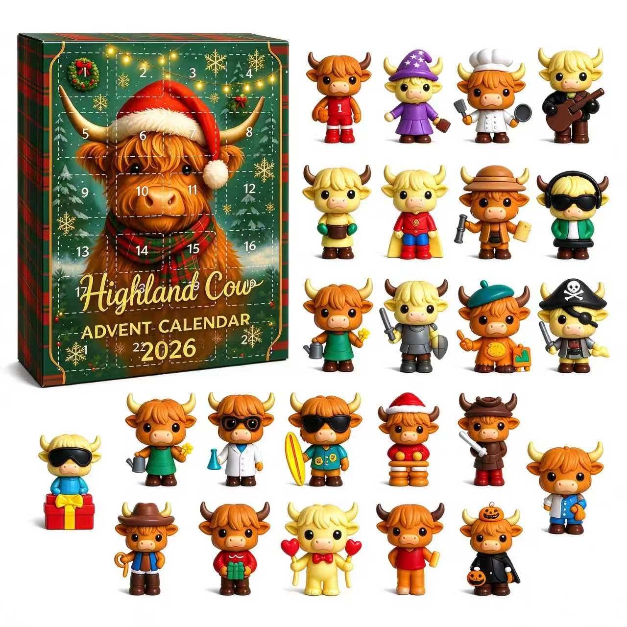 Highland Cow Advent Calendar 2026 24 3D Cute Mini Cattle Figurines 24 Mini 3D