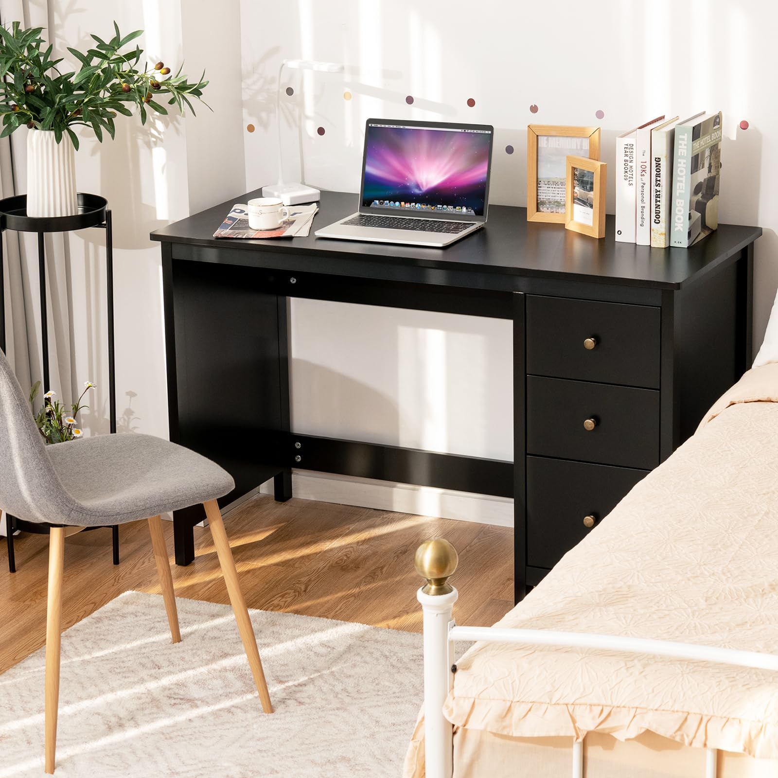 LIFEZEAL Scrivania Nera con 3 Cassetti, Scrivania Ufficio, 120x50x75 cm, Scrivania per Computer, Moderno, Semplice, Postazione di Lavoro, Scrittoio Porta PC, in Legno, per Studio, Max 55 kg