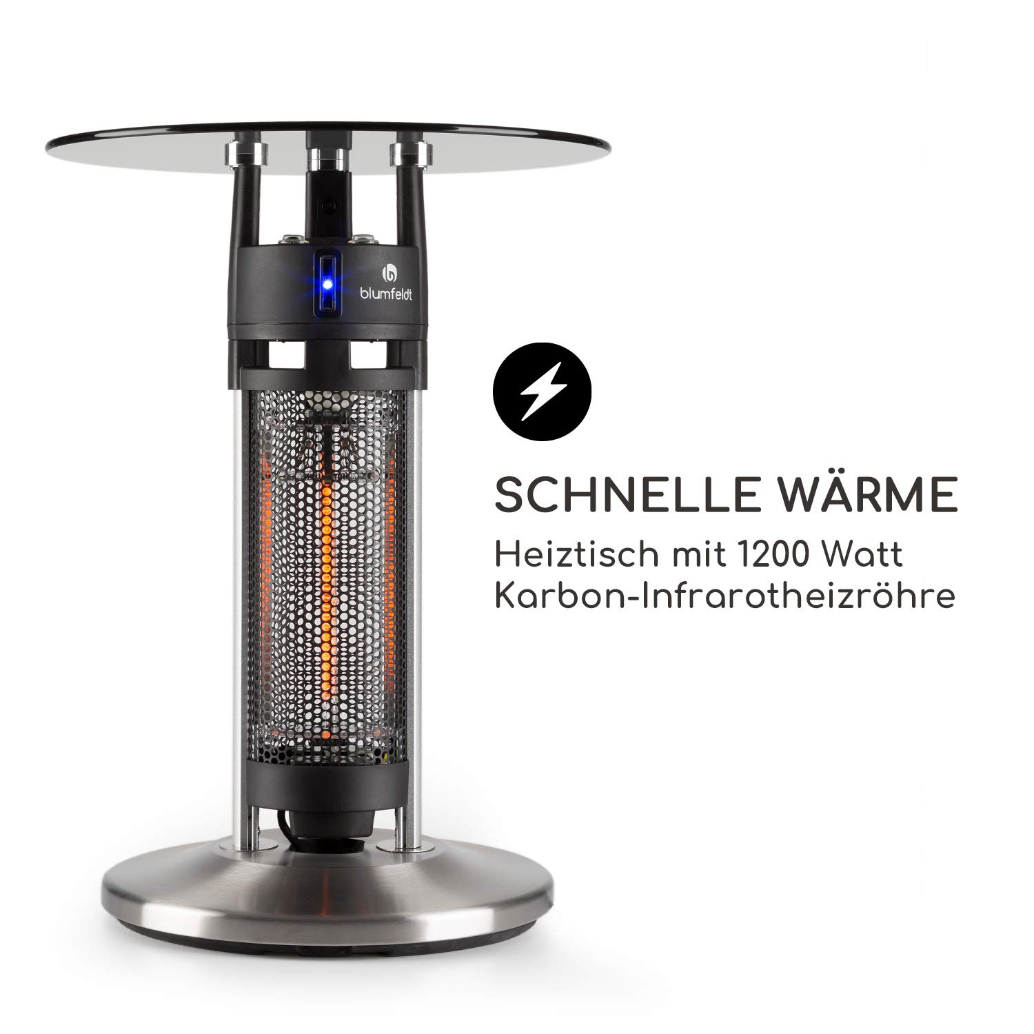 blumfeldt Primal Heat - Standheizstrahler, Stehtisch-IR-Heizer, Infrarotheizung, Stand Heizstrahler, Infrarotstrahler mit 1600 Watt, Infrarot-Annäherungssensoren, Höhe: 65 cm, Silber