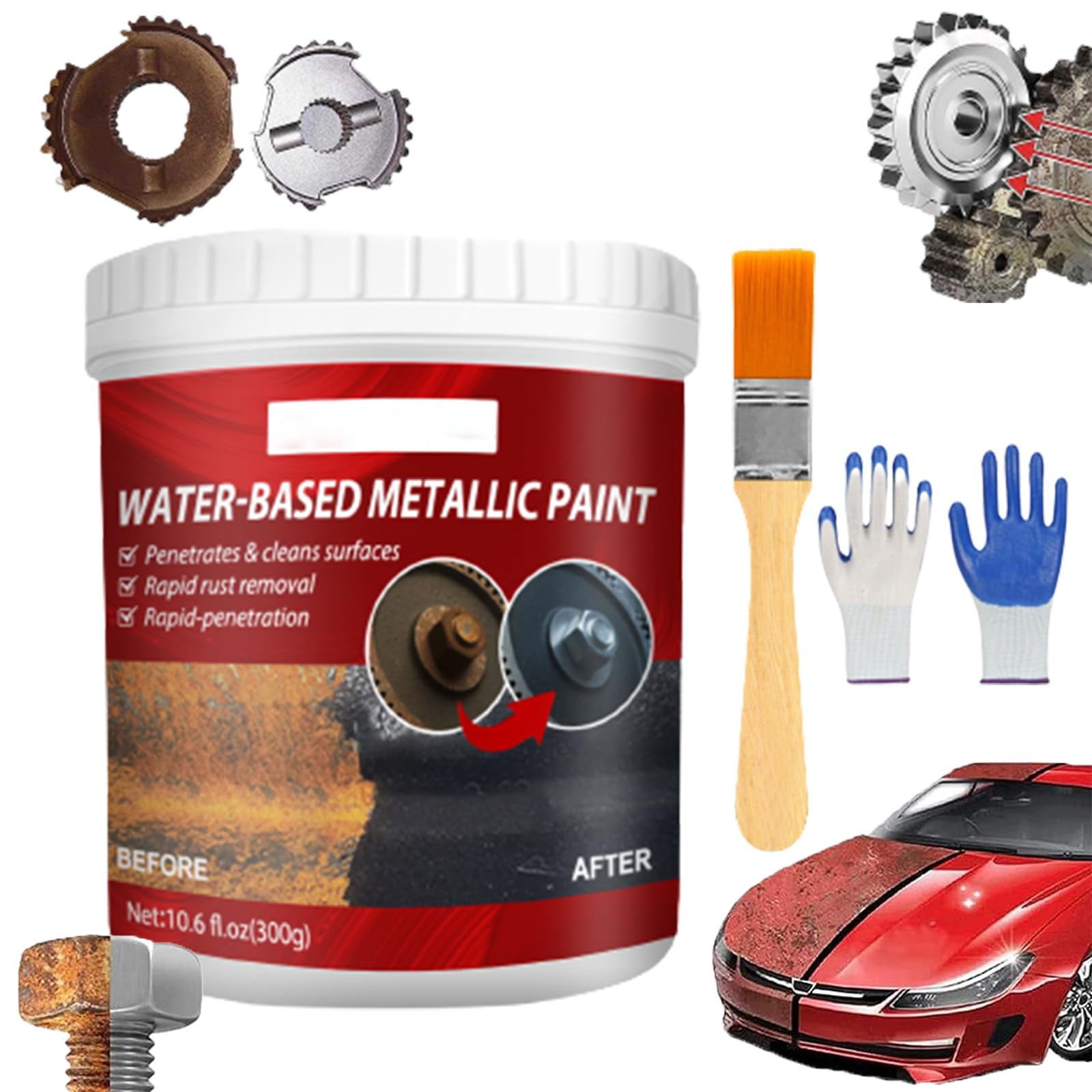 Rust Removal Converter Metallic Paint, Water-Based Metal Rust Remover, Furnishk Rust Converter, Rust Converter for Metal, Multi Purpose Anti-Rust Protection Car Coating Primer with Brush (1pcs-300g)