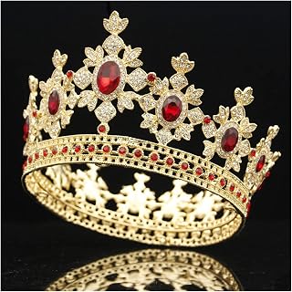Joyería para el Cabello Corona de Cristal Redonda y Corona de Boda Rey Real Corona de Cristal Brillante Rendimiento (Color: Corona, Color del Metal: Rojo Dorado) (Corona Plateada roja)