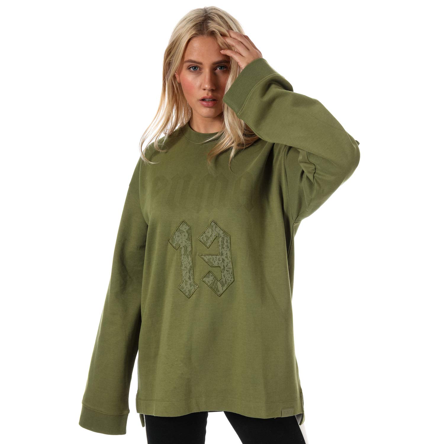 Puma Women's Green Fenty Ls Graphic Crew Neck T-Shirt In Olive - 10