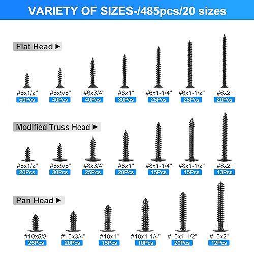 Miniatura 5 de Kit de surtido de 485 piezas de tornillos de madera negros, #6#8#10 cabeza redonda y de armadura y cabeza plana, tornillos autorroscantes, 20
