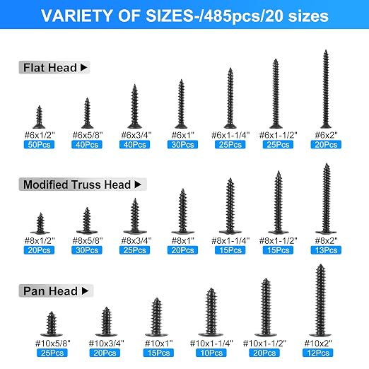 SATANTECH 485 piezas conjunto de tornillos para madera negros, cabezas redondeadas y planas, autorroscantes, tamaños #6, #8, #10, longitud de 1/2 a 2 pulgadas miniatura 5