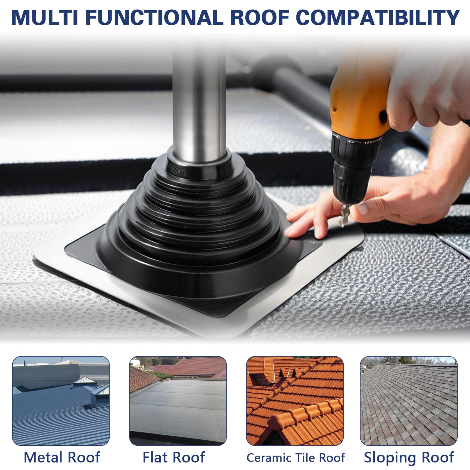 Paquete de 2 botas de ventilación de techo de metal, tubo flexible intermitente, kit de botas de chimenea de silicona de alta temperatura para tuberías OD de 1/4 a 5 3/4 pulgadas, incluye funda de