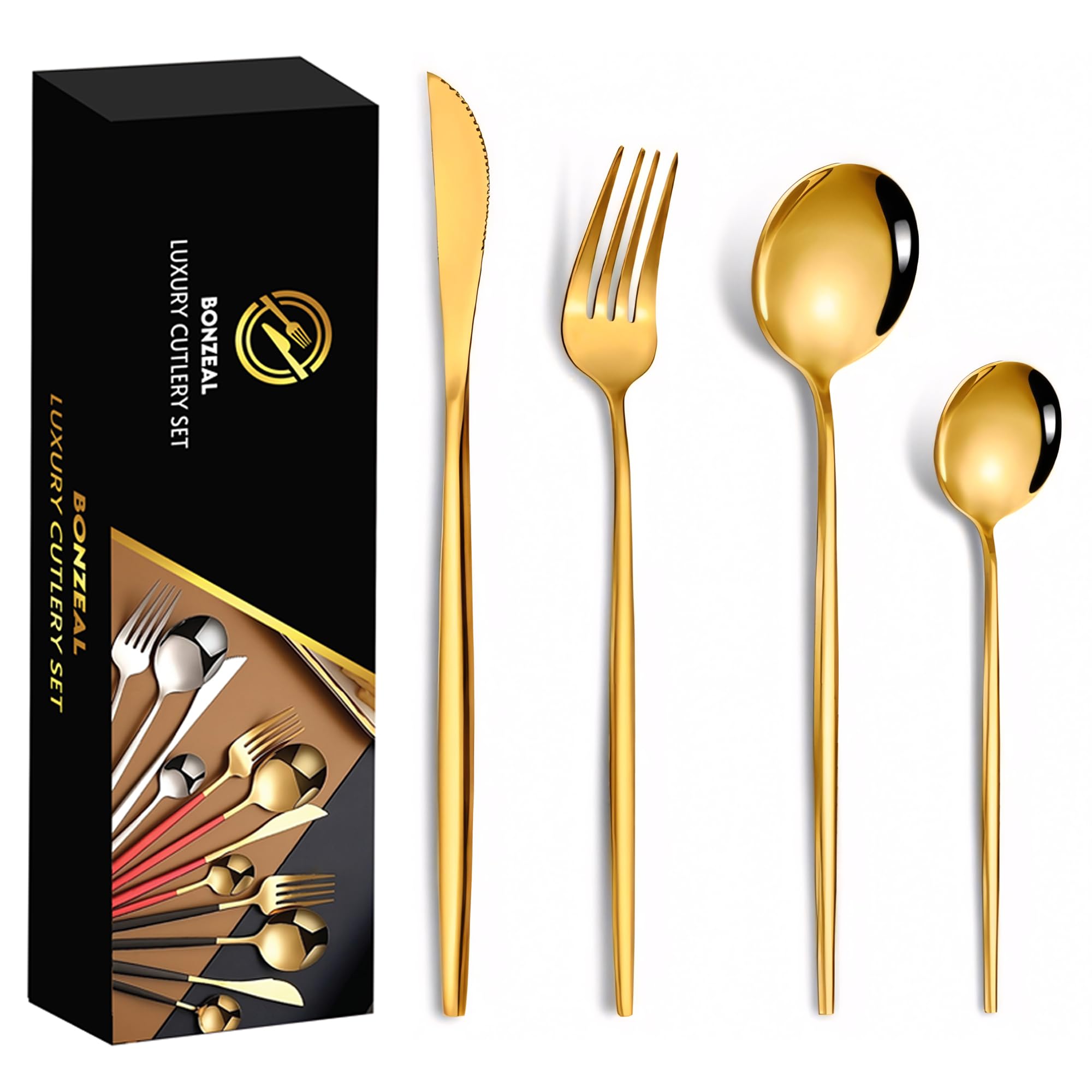 BonZeaL Gold Flatware Set - Luxury Stainless Steel for 12 -1