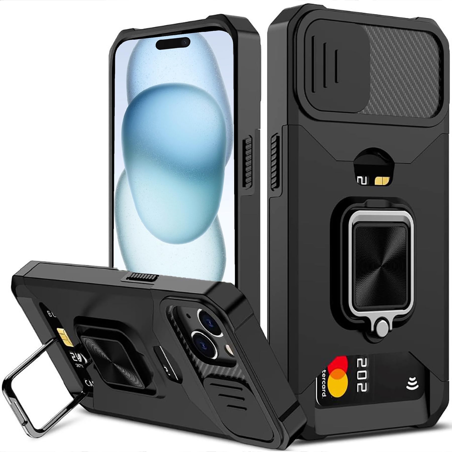 rojarou for iPhone 15 Plus Case with Card Holder, Slide Camera Cover and 360° Rotate Ring Kickstand Heavy Duty Protective Phone Case for iPhone 15 Plus Cover-Black