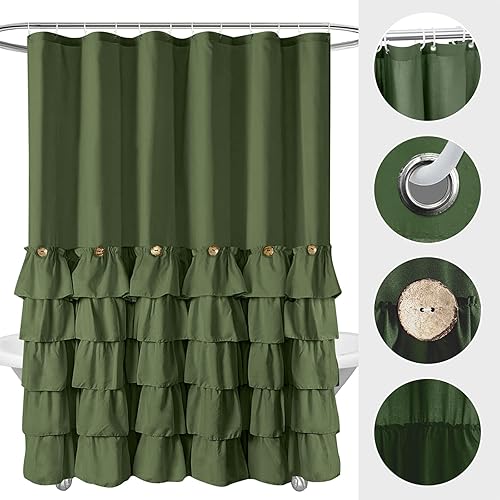 Miniatura 5 de Seasonwood Cortina de ducha verde salvia para baño, bonita cortina de ducha con volantes, 72 x 72 pulgadas, cortinas de ducha con botones y volantes