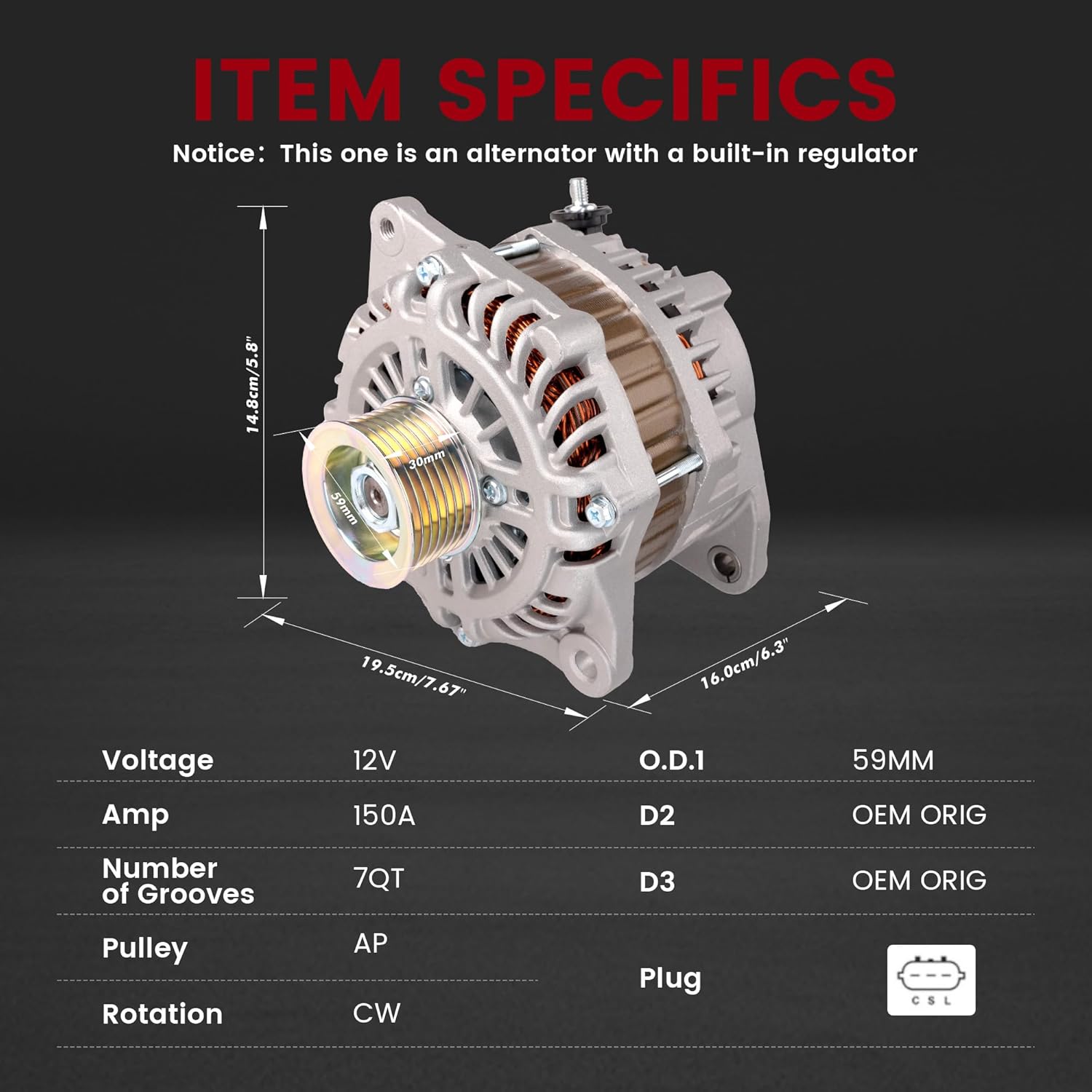 Alternator Fits for/Nissan Murano 2015 2016 2017, Pathfinder 2013-2017Fits for/Infiniti QX60 2014 2015 2016,JX35 2013,2.5L 3.5L,OE23100-3JA1A,11538N,A003TJ3991,23100-3JA1ARE,11538