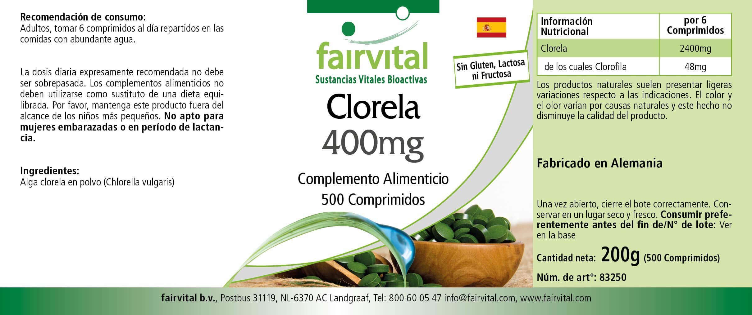 Comprimés de chlorella fairvital 400mg, 500 comprimés, faciles à avaler, HAUTEMENT DOSÉS, 100% poudre d'algue chlorella (Chlorella vulgaris), VÉGÉTALIEN
