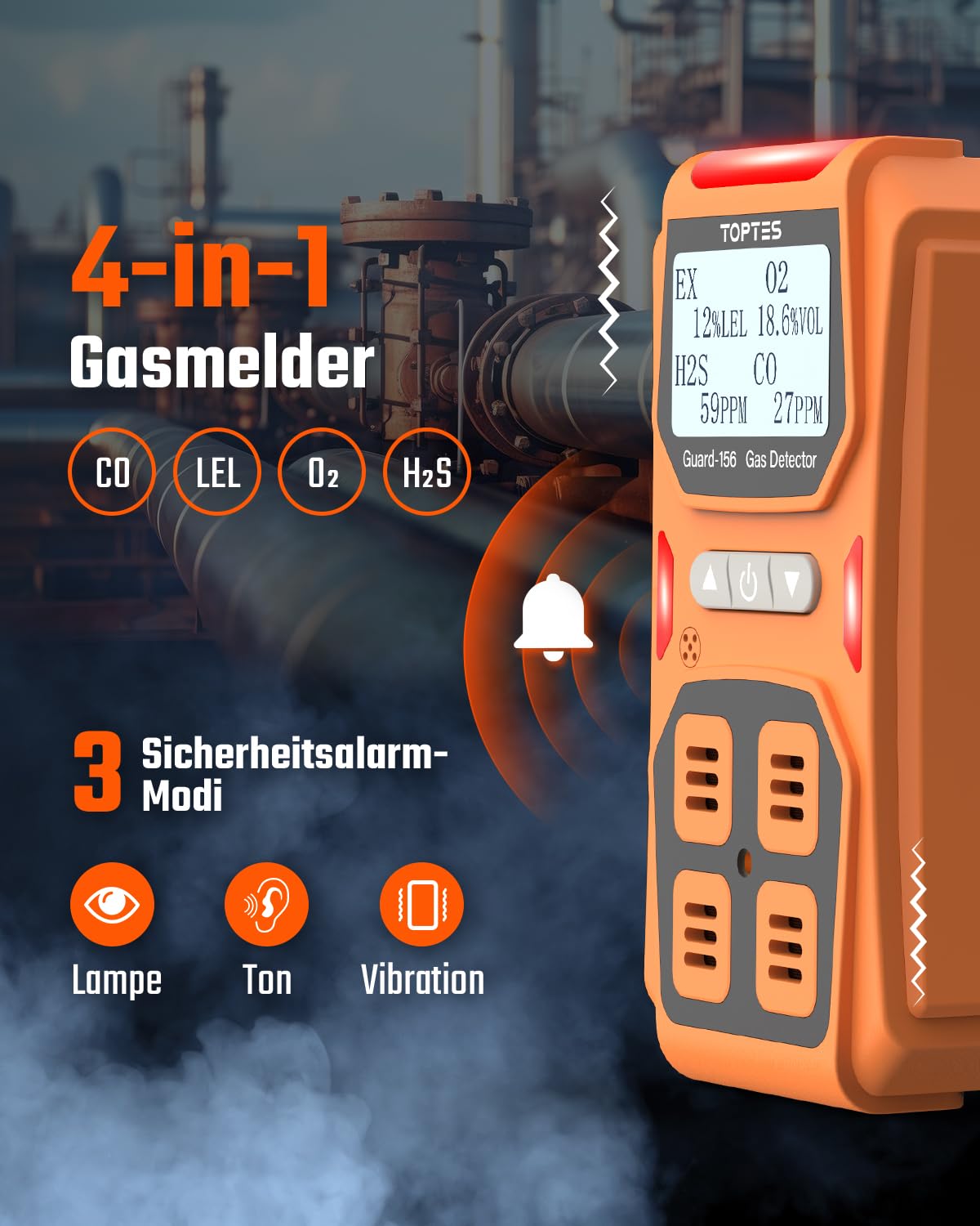 TopTes Guard-156 Gasmelder, 4 Gasmelder Für H2S, CO, LEL und O2, mit 3 Alarmmodi (visuell, Vibration, Ton), 0,5s Schnellreaktion, Staub- und explosionsgeschütztes Design, ideal für Arbeit und Zuhause