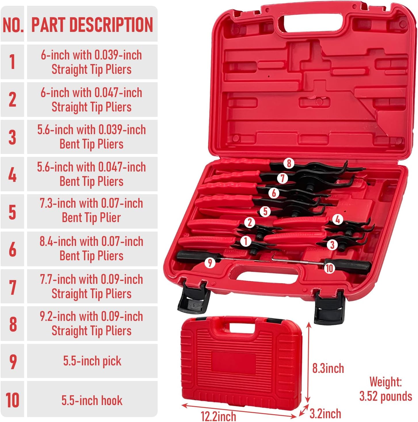 10Pcs Snap Ring Pliers Set with Case, Internal External Circlip Pliers Set with Hook & Pick, Retaining Snap Ring and Circlip Removal Tools for Car Motorcycle Lawnmower