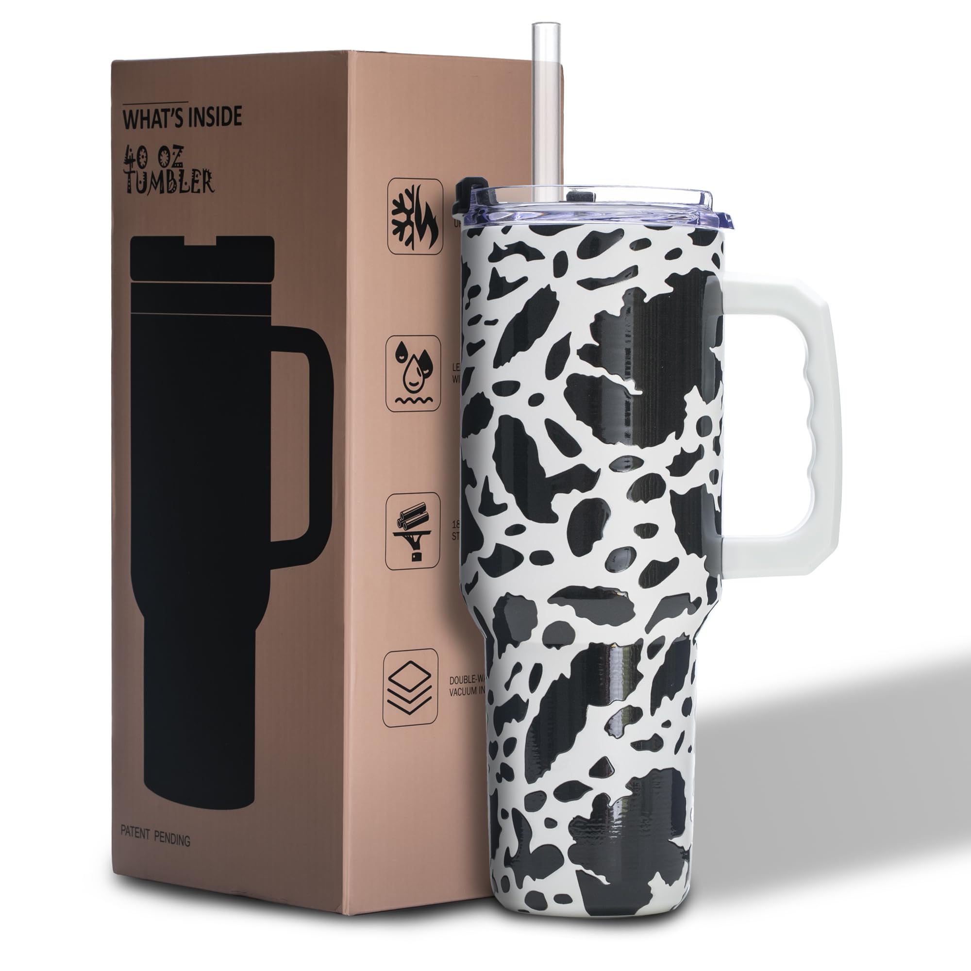 40oz Cow Print Tumbler – Birthday Gifts for Daughters, Sisters, Besties & Friends – Insulated Stainless Steel Cow Cup with Handle, Graduation, Back to School & Mother’s Day Gifts for Women