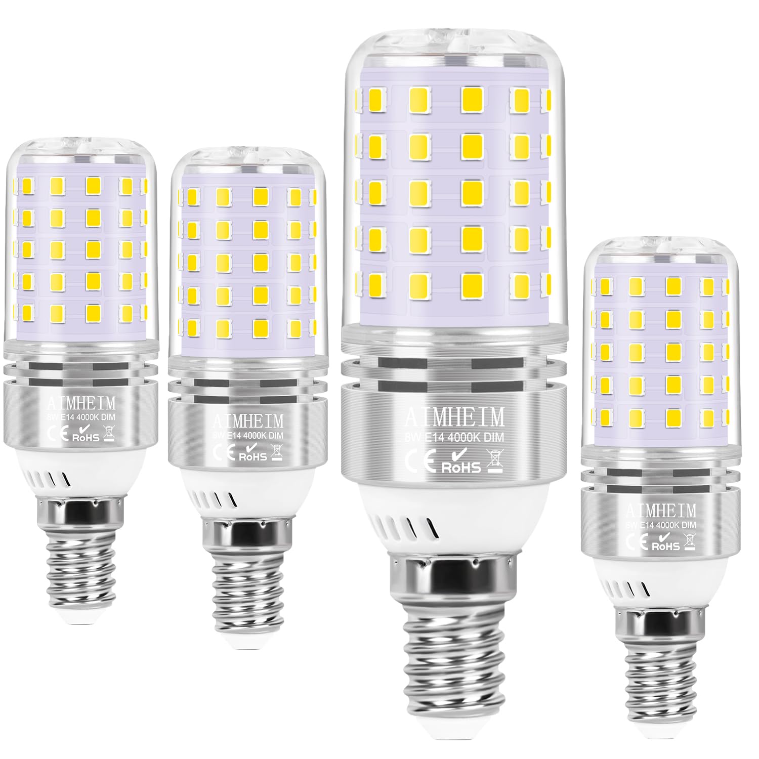 AIMHEM 4 Pezzi Lampadina LED E14 Dimmerabile, Luce Naturale 4000K, 8W Lampada E14 LED Equivalente 80W Lampada Alogena, Nessun Sfarfallio Risparmio Energetico Lampadine Attacco Piccolo E14