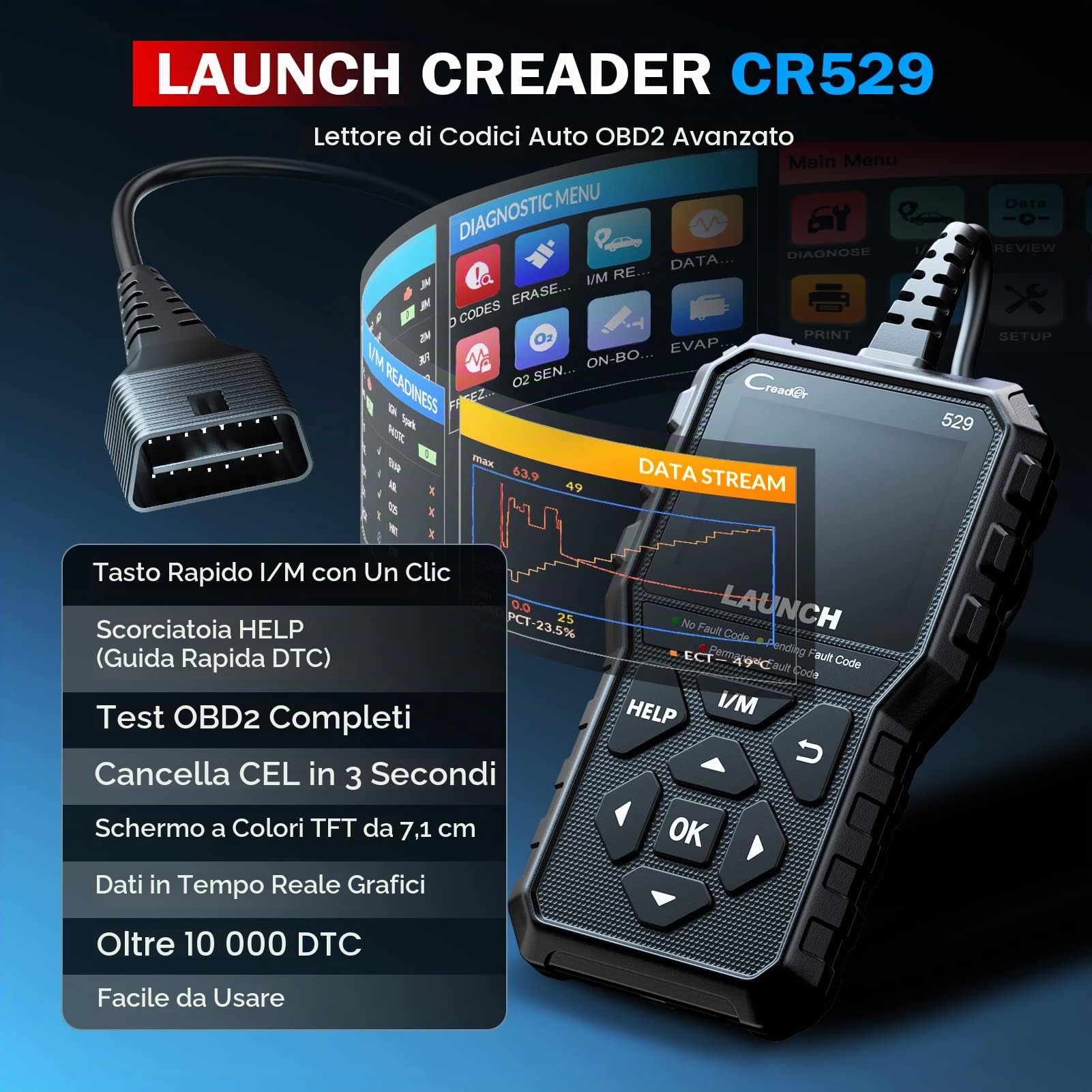 LAUNCH CR529 OBD2 Diagnostica Lettore Codici Test Smog O2 EVAP | Controllo smog con un clic, spegnimento spia motore, dati grafici, plug&play, ampia compatibilità