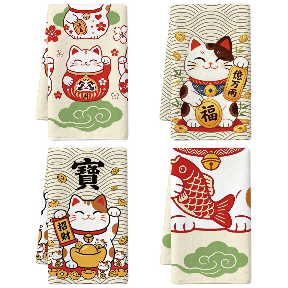 MAYJOYDIY 4 Stück Glückskatze Küchenhandtücher Japanische Glückskatze Mikrofaser Geschirrtuch 66x45 cm Tier Fisch Saugfähiges Spültuch für Küche Badezimmer Bar Sport Einweihungsparty Kochen