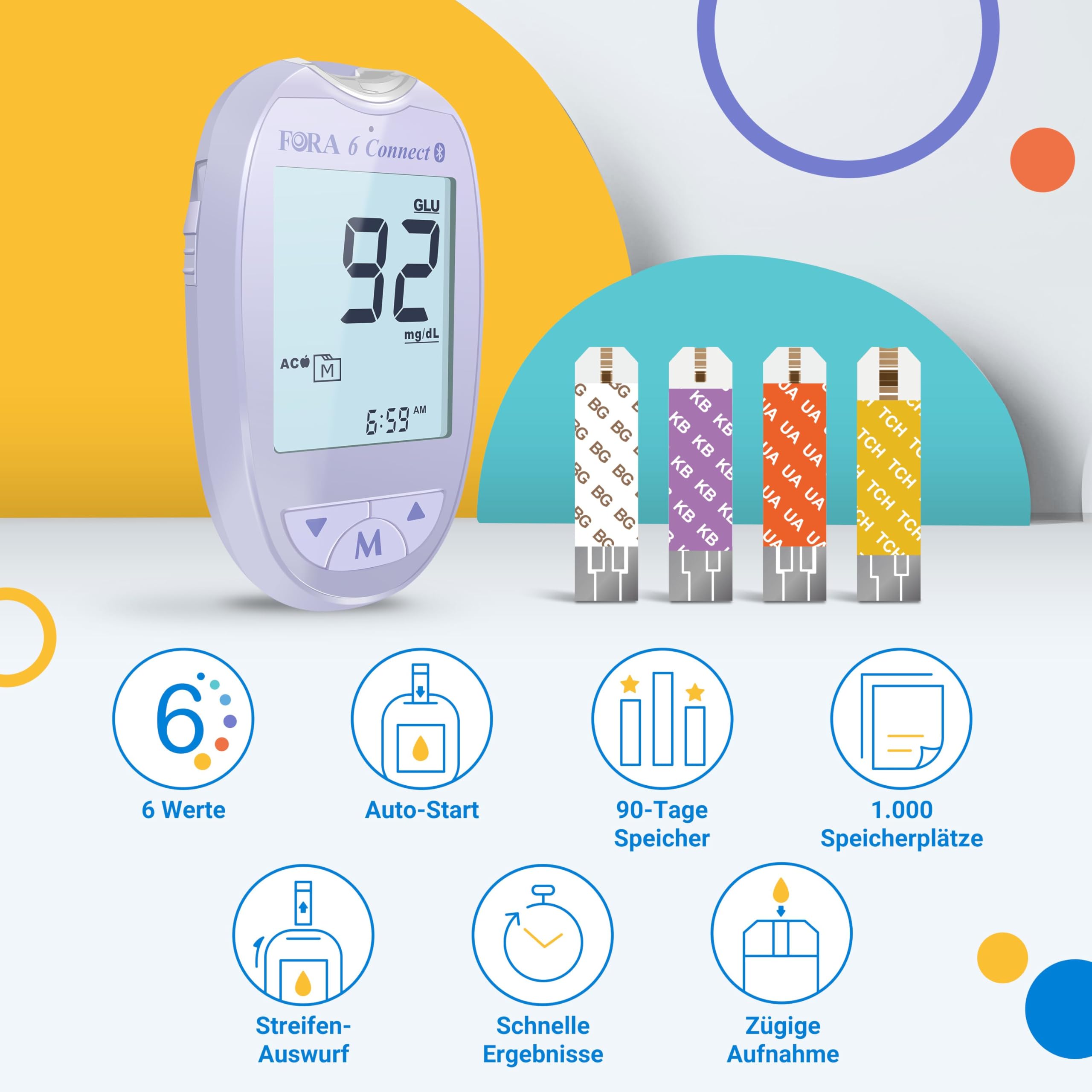 FORA 6 Connect | 4-in-1 Blutzucker-, Keton-, Cholesterin-, Harnsäure-Messgerät | Für die Selbstanwendung zu Hause | Bluetooth & App | Inkl. Teststreifen & Zubehör, Lavendel Lila