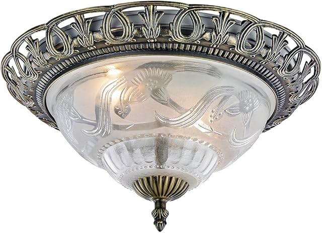 Traditional and Classic Antique Brass and Floral Glass Flush Ceiling Light by Happy Homewares