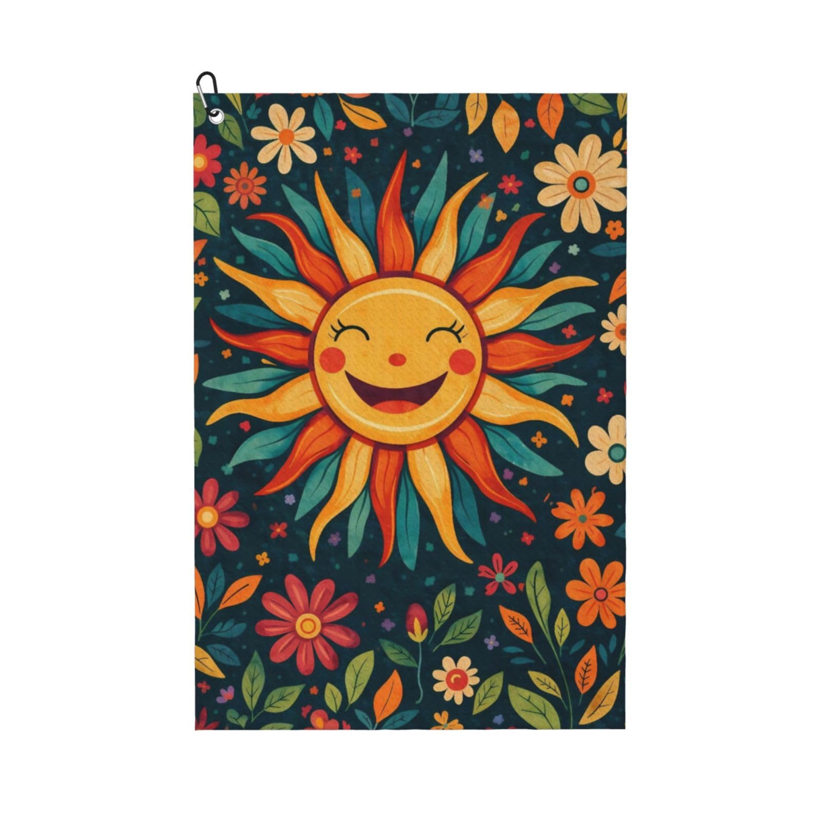 Oudrspo Whimsical Sun and Colorful Flower Multi-Functional Golf Towel | Absorbent Quick Drying 16x24in