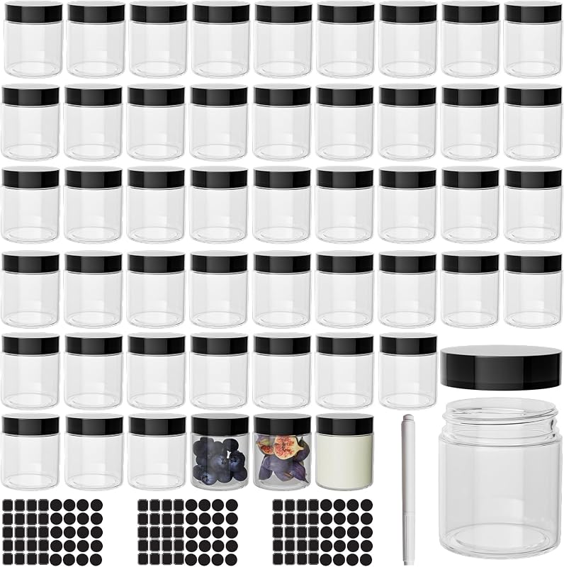Betrome Frascos redondos transparentes de plástico com tampas pretas, 120 mL, Pacote com 50