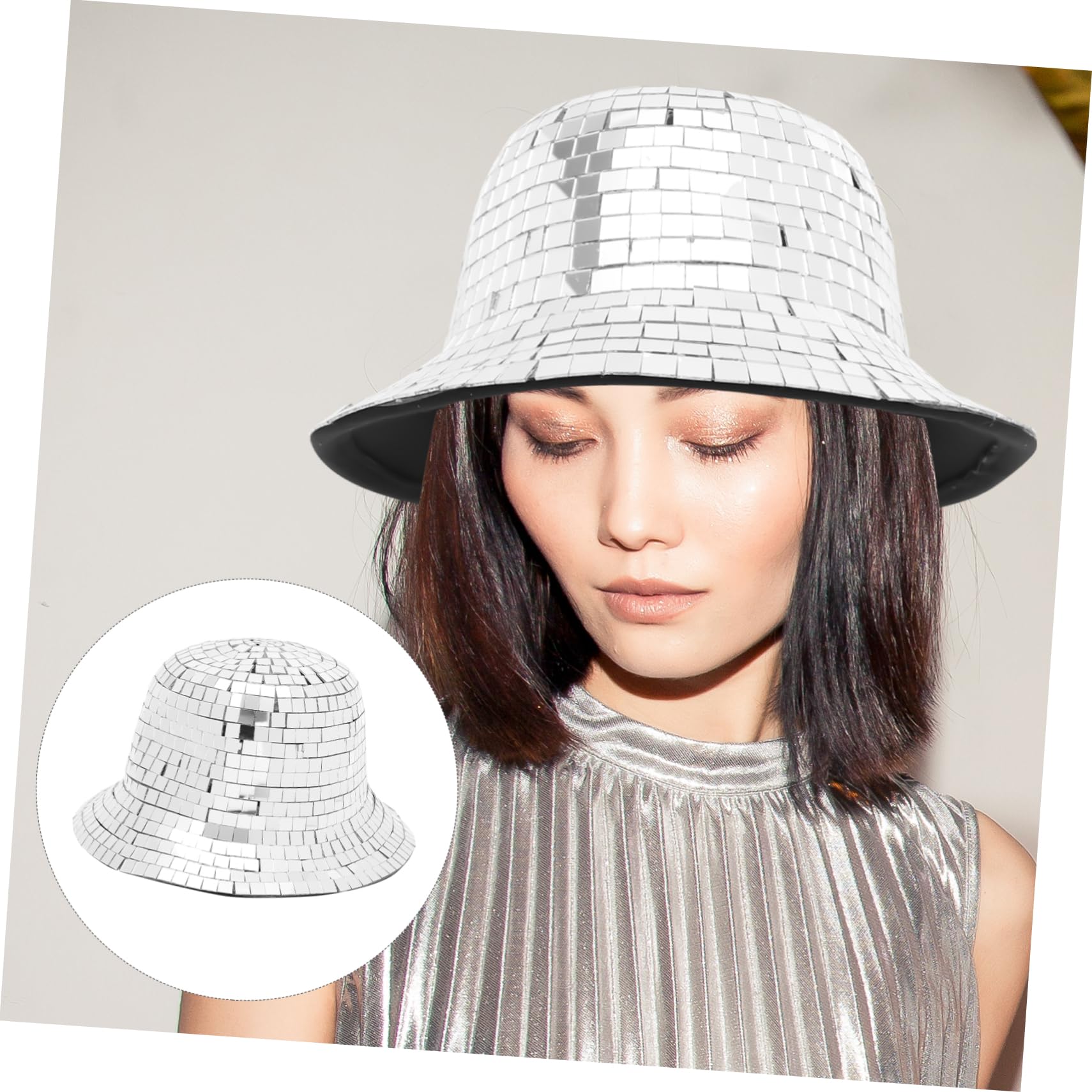 LABRIMP Sombrero de Espejo Disco para Mujer y Hombre Estilo Pescador Lentejuelas Plata, Cómodo y Chic para Decoración Verano en Fiestas y Eventos