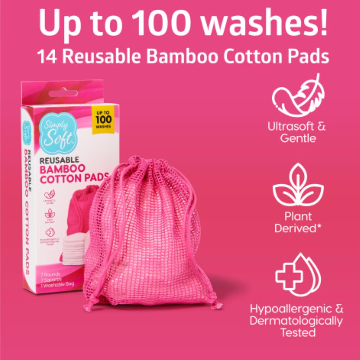 Simply Soft Reusable Cotton Rounds, 14 Count, Makeup Remover Pads for All Skin Types, Sustainable, Minimizes Waste, Dermatologically Tested (7 Rounds and 7 Squares with 1 Washable Mesh Bag)