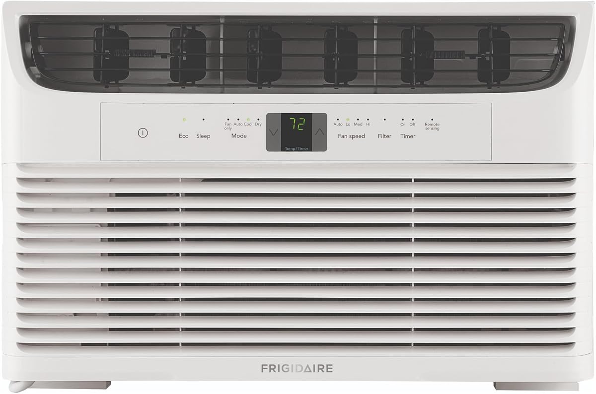 Aire acondicionado de ventana Frigidaire de 8000 BTU con control remoto, enfría hasta 350 pies cuadrados. Ft., funcionamiento silencioso, modo ecológico, 3 velocidades de ventilador, reinicio automático, blanco