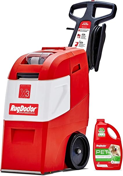 Review Rug Doctor Mighty Pro X3 Commercial Carpet Cleaner – Large Red Pet Pack, Includes 48 oz. Pet Carpet Cleaner Solution, Commercial Carpet Cleaning Machine, Powerful One Pass Cleaning System