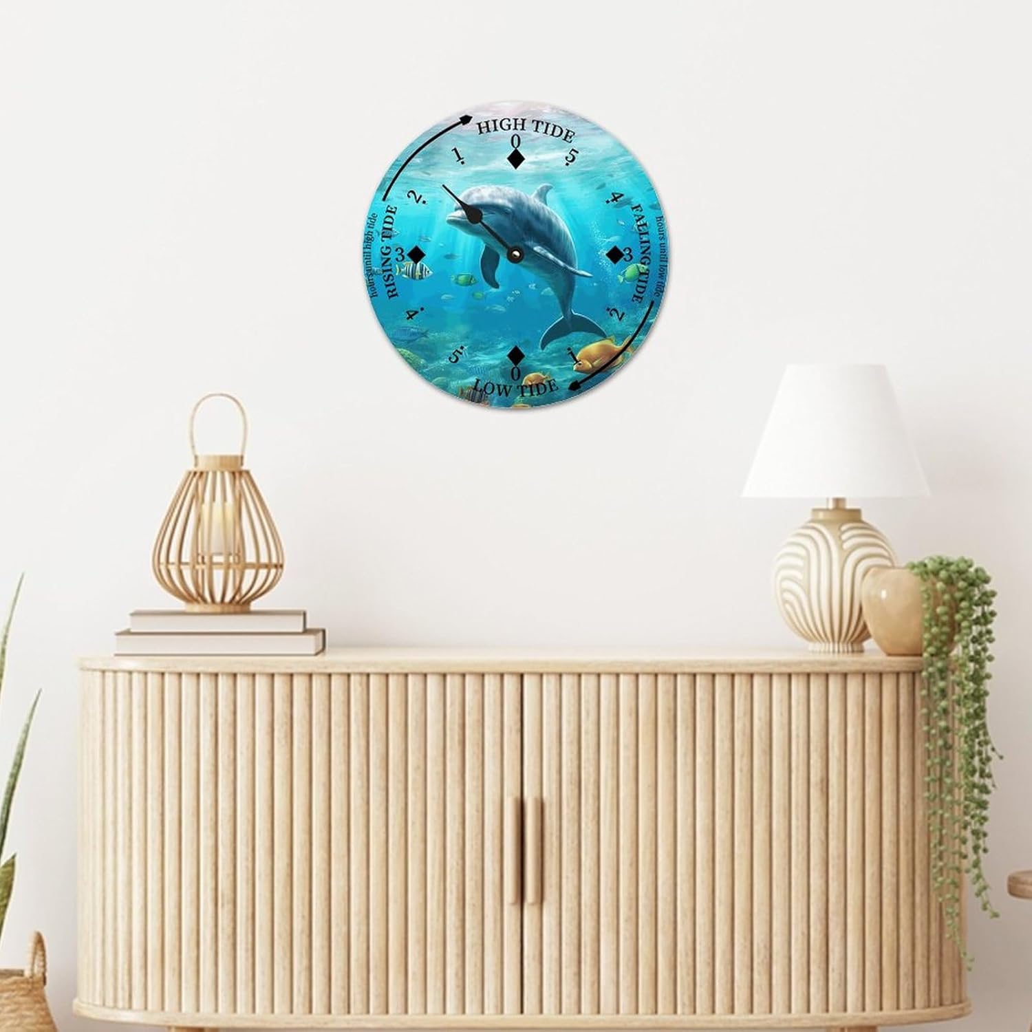Cheyan Dolphin Tide Clock Silent Non-Ticking Battery Operated Wooden Moon Nautical Tide Movement Clock for Sailing Living Room Restaurant Home Decor Wood Wall Art 15x15 in