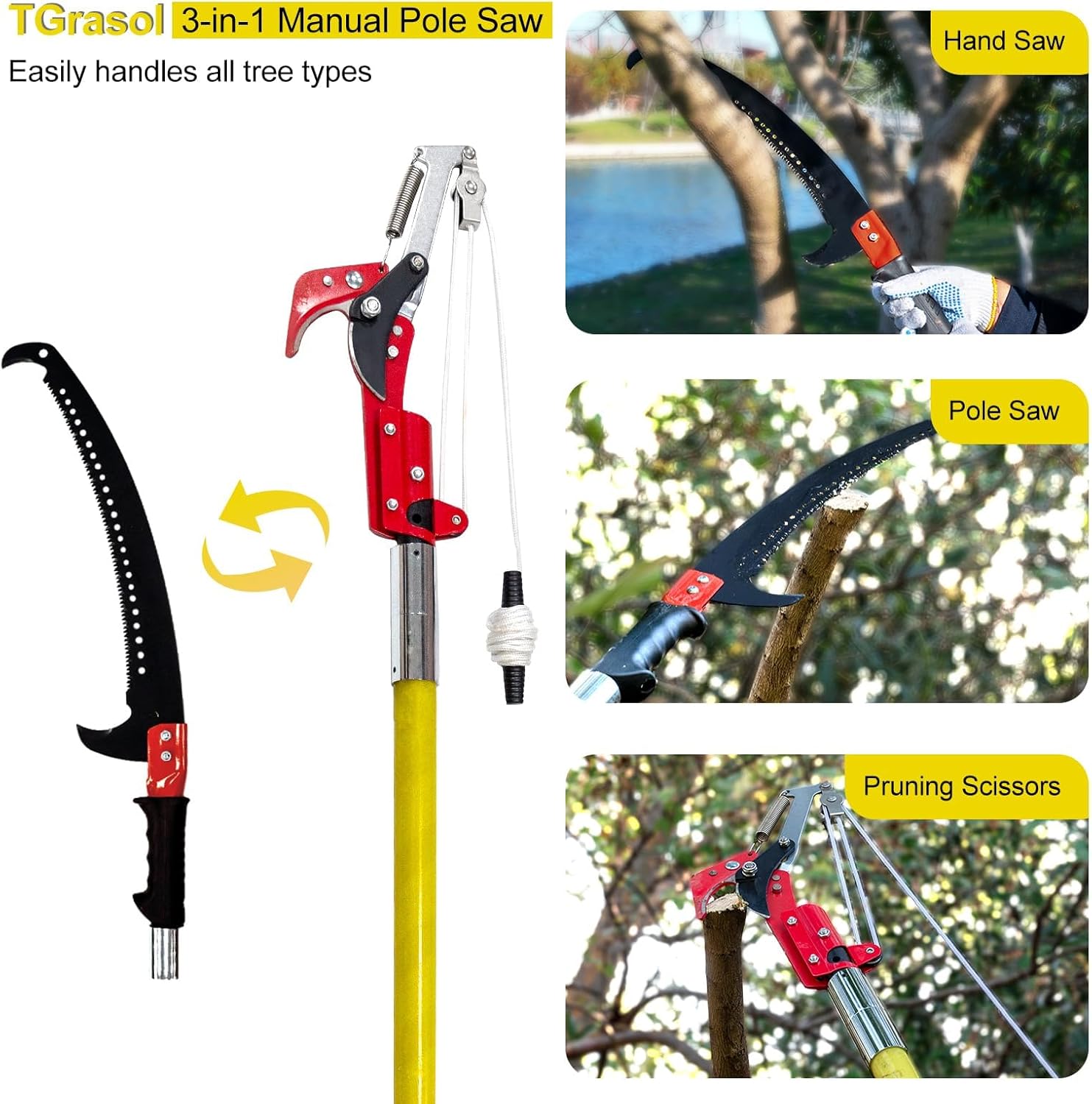 30 FT Manual Pole Saw for Tree Trimming, Extendable Pruning Saw with Sharp Steel Blade and Scissors, Tree Saw for Pruning Palms and Branches, Sturdy Tree Trimmers Long Handle Pruner