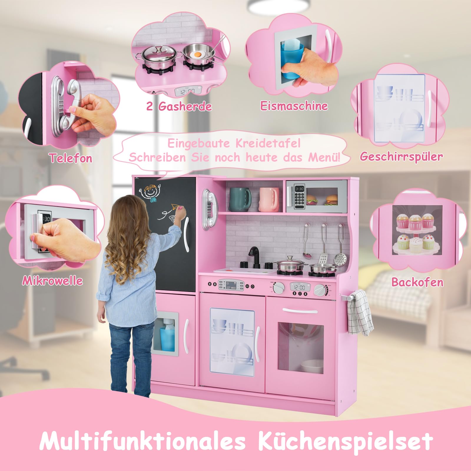 GOPLUS Kinderküche aus Holz, Kinderspielküche mit Mikrowellen, Backofen, Wasserbecken, Kreidetafel & Eismaschine, Stabiler Spielküche mit Spielzubehör, für Kinder 3-6 Jahre (Rosa)