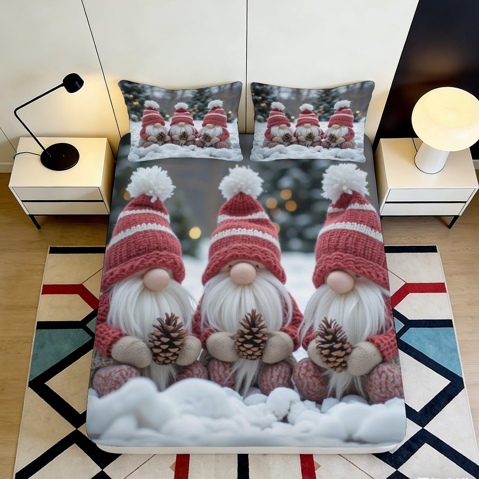 3D Printed Nordic Christmas Gnome Fitted Sheet Microfiber Soft Festive Pinecone Bed Cover for Bedroom Guest Room Decor 90x200x25cm