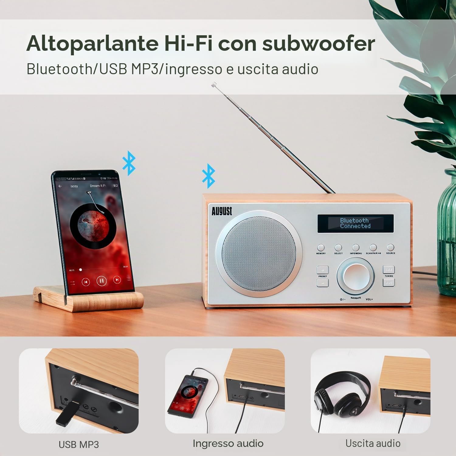August MB420 Radio DAB/DAB+/FM, Radiosveglia Bluetooth, Subwoofer 5W, USB/Aux - Quercia