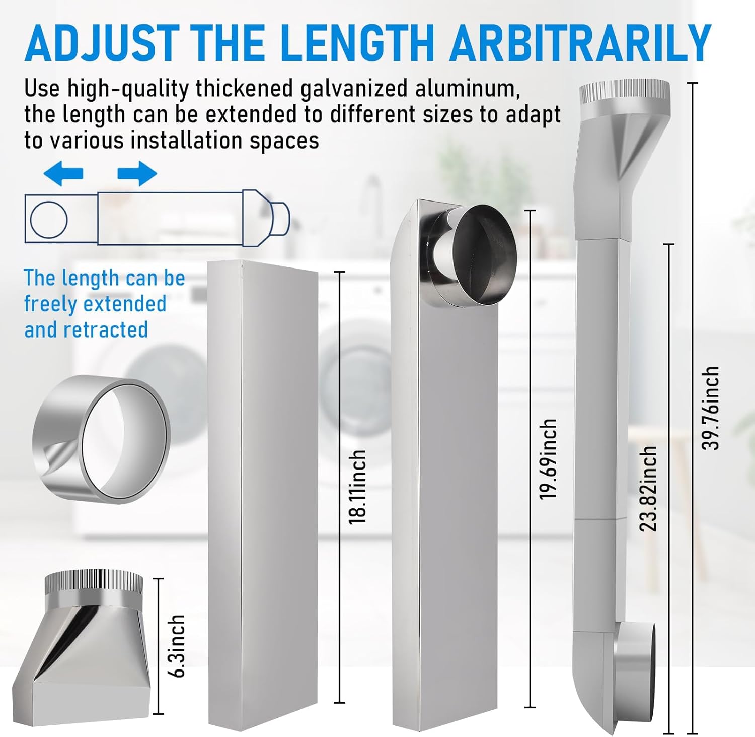 Upgrade UD48S 4" Telescoping Dryer Vent Kit 26"-43" Adjustable Stainless Steel Periscope Flat Dryer Vent Duct, Space-Saving for Tight Spaces, Fits LG/Samsung/Whirlpool, Easy Install Laundry Venting