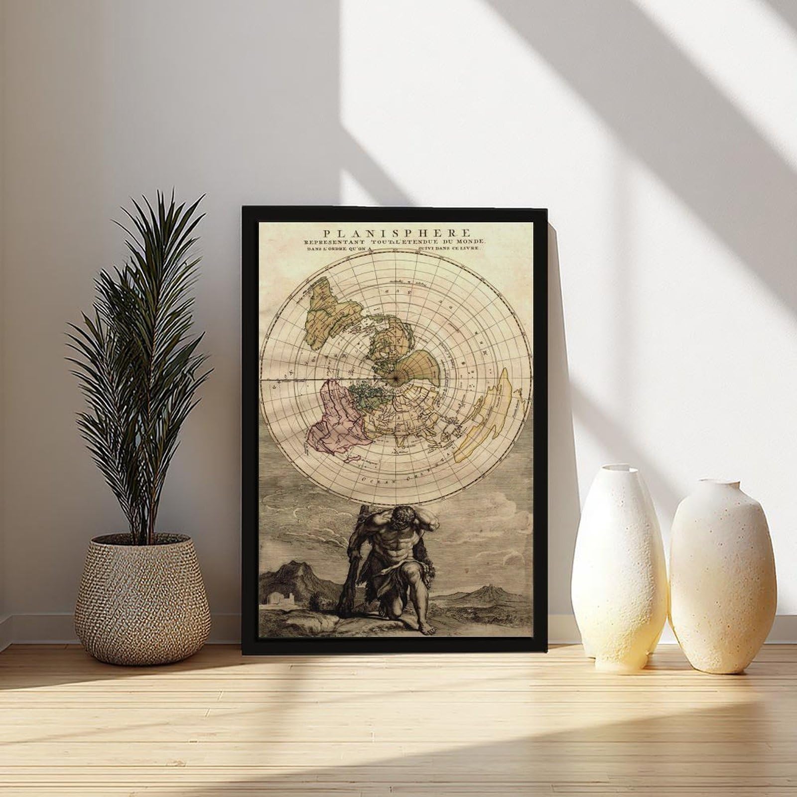 WCYB Flache Erde Planisphere Weltkarte Vintage 1715 – Louis Renard – Azimutel Äquidistant Poster Drucke Leinwand Deko Gemälde Wandkunst zum Aufhängen Rahmen 40,6 cm L