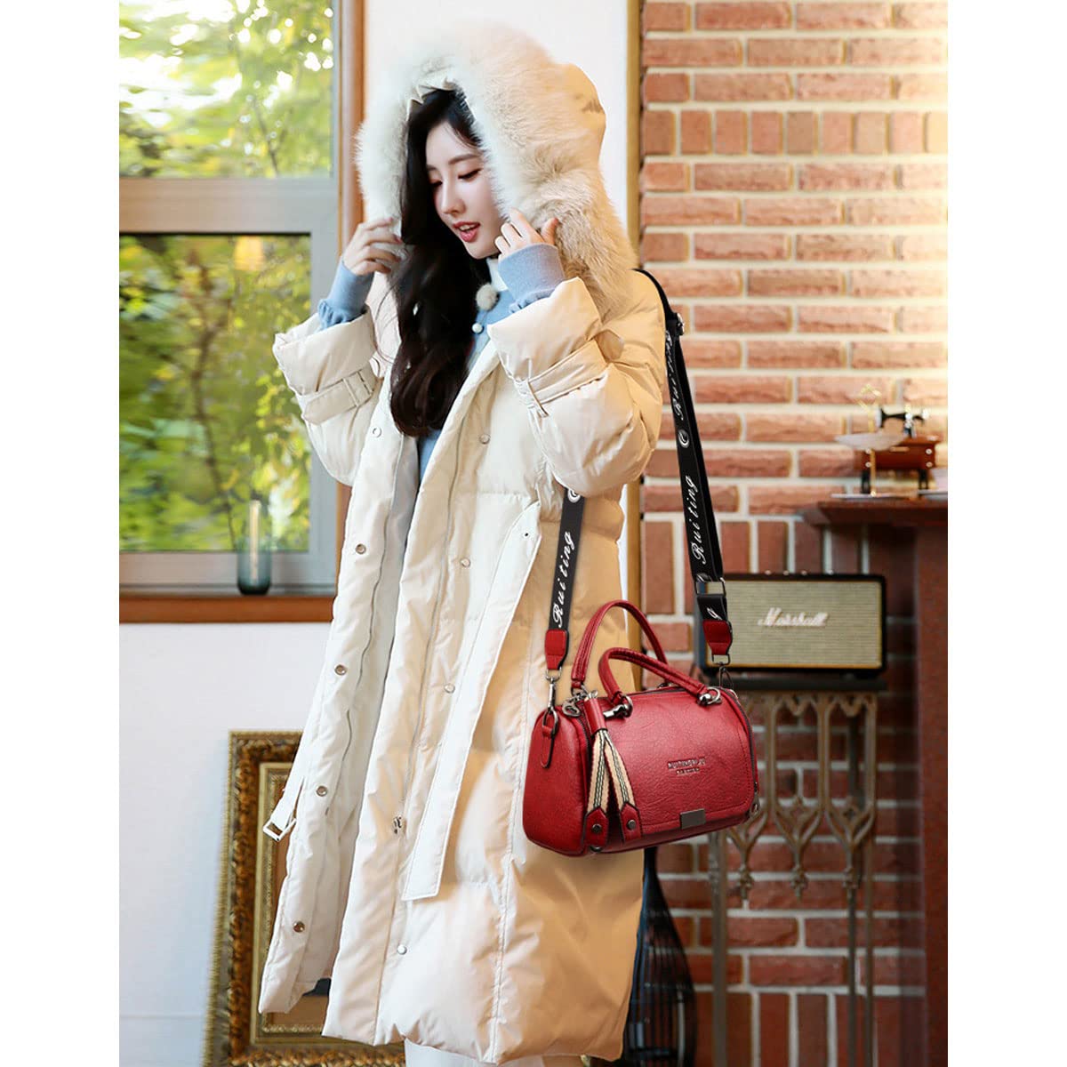 Bolsos de Mano Mujer Bolsos de Hombro de Cuero Genuino Bolsos Cruzados de Boston Moda Bolso de Rojo