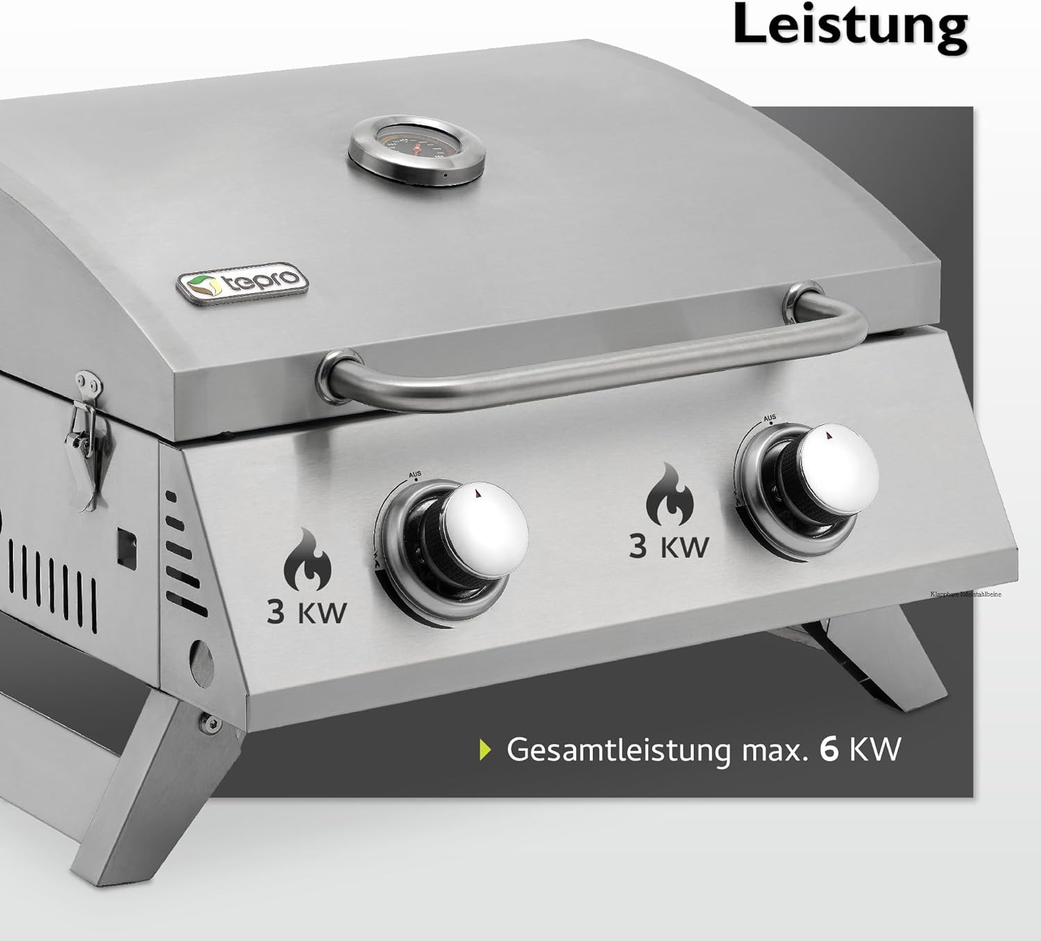 Close-up of the grill's control panel showing two burner knobs and their power ratings.